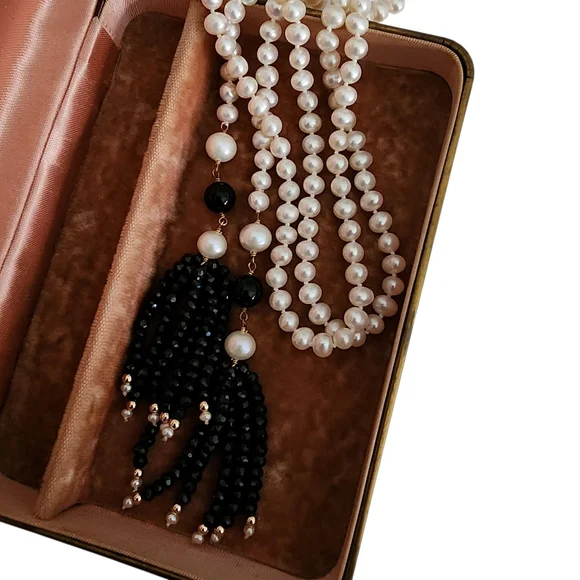 Lariat pearl necklace petite pearls high luster 18k GP hand knottedA0123 -1Q
